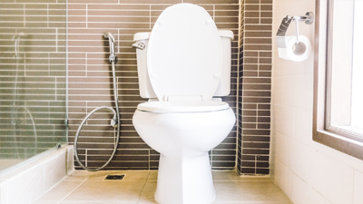 Toilet in front of brown tile wall